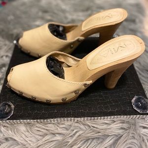 Cream Leather Wooden Clogs